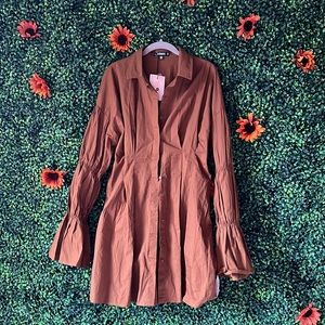 Chocolate Poplin Bubble Sleeve Shirt Dress